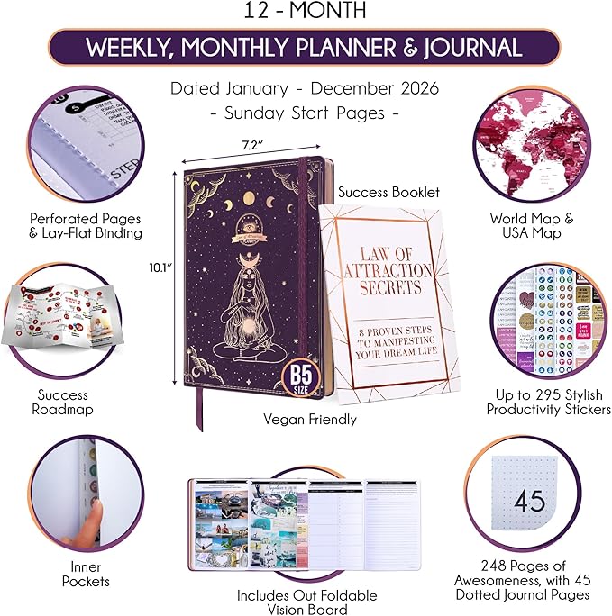 Deluxe 2026 Planner Weekly and Monthly | Law of Attraction Planner with Productivity App | 12-Month for Productivity, Gratitude & Goal Setting | Includes Foldable Vision Board, Gift Box & Stickers
