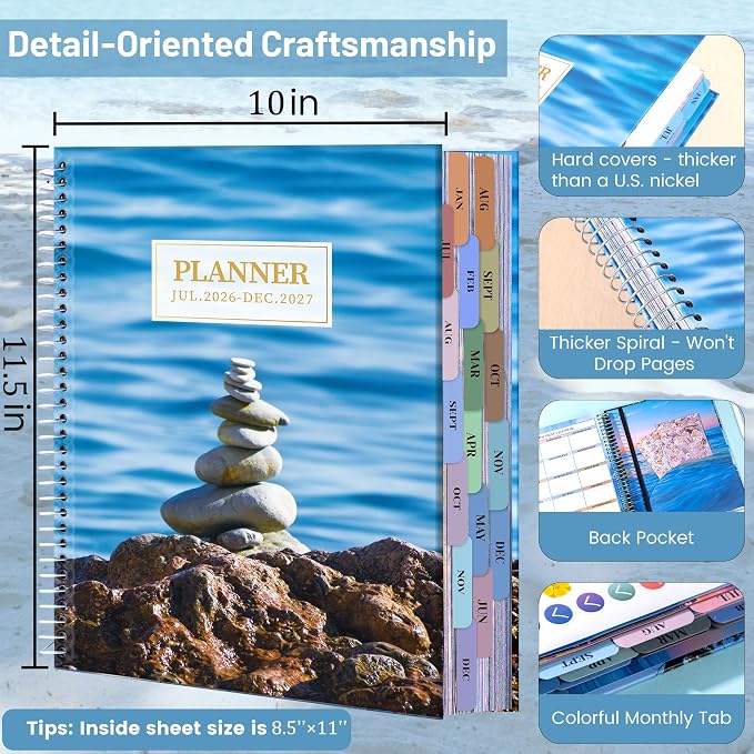 CAGIE Planner 2026-2027 Weekly and Monthly,18 Month (Jul. 26-Dec. 27) Planners Calendar with Hourly Timeslot, 10"x11.5", Large Hardcover Spiral Daily Planner with Tab for Work, Home,Teacher, Blue