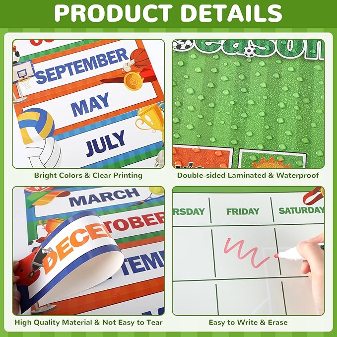 Sports Football Calendar Bulletin Board Set for Classroom Decoration Basketball Soccer Calendar Seasons Weather Chart Sport CTP Bulletin Board Paper-Cuts for Teachers Elementary School Classroom