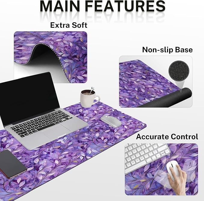 Britimes Purple Oil Painting Leaves Keyboard Mouse Pad Set Plant 4in1 Large Mousepad+Keyboard Wrist Rest+Mouse Wrist Rest+Coaster Ergonomic Design for Home Office Computer 35.4x15.7 inches