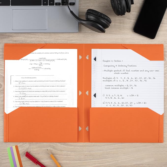 Five Star 2-Pocket Folder, Plastic Folder with Stay-Put Tabs, Fits 3-Ring Binder, Holds 8-1/2" x 11" Paper, Solar Orange (333420N)