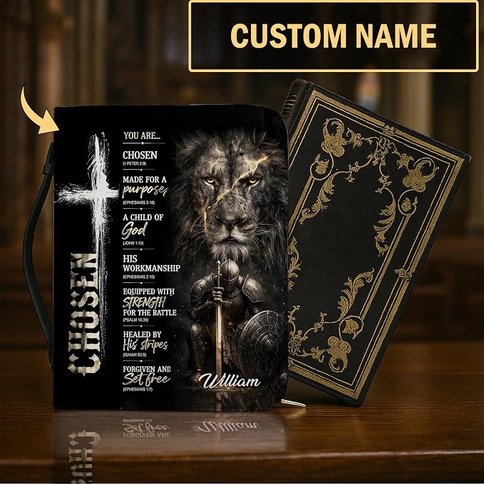 Personalized Man of God Bible Cover for Men, Christian PU Leather Bible Case with Handle Zipper, God Says I Am Warrior Scripture Bible Holder, Religious Gift for Men (You are Chosen)