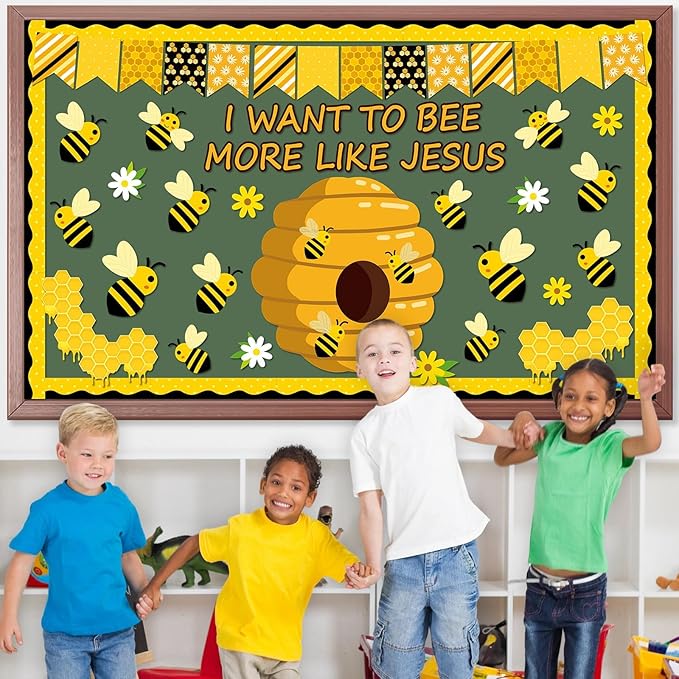 76 PCS Bee Bulletin Board Classroom Set I Want to Bee More Like Jesus Bulletin Board Spring Religious Christian Theme Birthday Decor for Back to School Home Preschool Office Door Wall Supplies