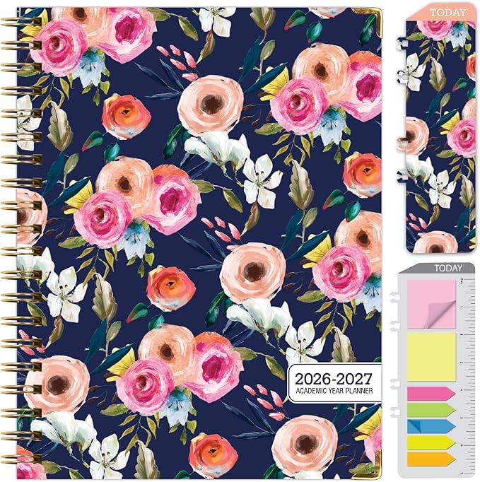 HARDCOVER Academic Year 2026-2027 Planner: 14 Months (May 2026 Through June 2027) 8.5"x 11" Daily Weekly Monthly Planner Yearly Agenda. Bookmark, Pocket Folder and Sticky Note Set (Small Navy Floral)