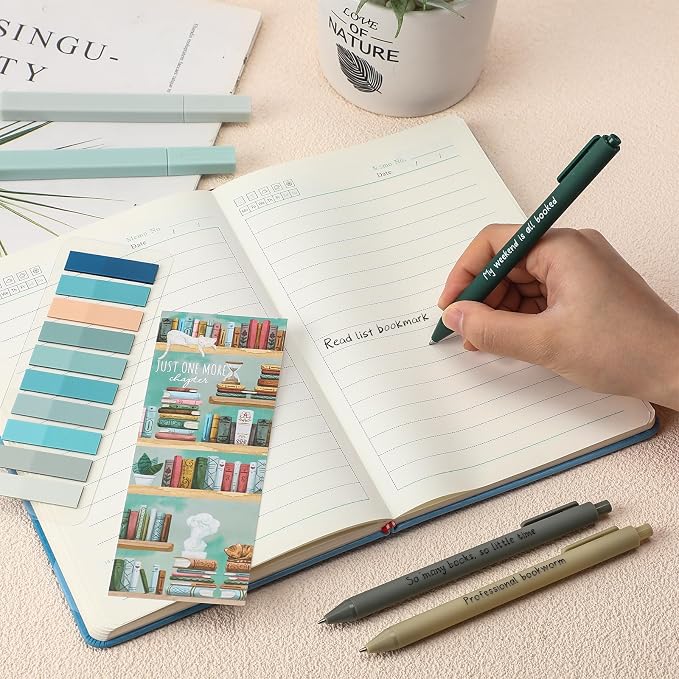 Spakon 7 Pcs Book Lovers Gifts for Readers Bookish Book Annotation Kit Aesthetic Pastel Highlighters No Bleed Gel Pens Reading Tabs Bookmark for Women Library Student Bible(Green Series)