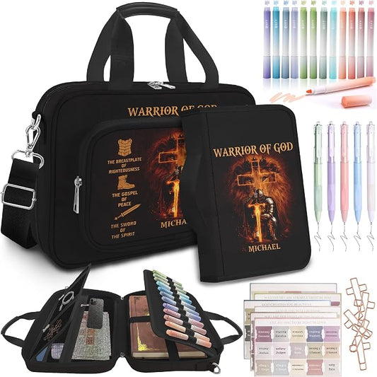 God Bible Cover Case for Boys Men Kids,God Says I Am Bible Canvas Carrying Case Bag with Detachable Shoulder Strap, Pens and Highlighters Cross Clips for Bible Study & Church