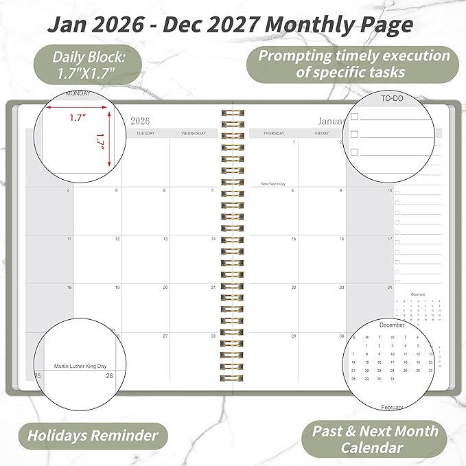 2026-2027 Monthly Planner - 2 Year Monthly Planner 2026-2027, Hard Cardboard Cover, Jan 2026 - Dec 2027, 7.5" x 10", 2 Year Calendar with 24 Month, Twin-wire Binding, Note Pages