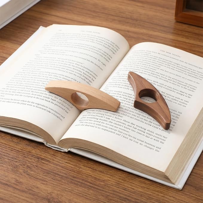 Wooden Thumb Book Page Holder 2 Pcs Black Walnut Beech Thumb Books Holder One Hand Book Opener Wood Bookmark for Books Lovers, Readers, Bookworms Gifts