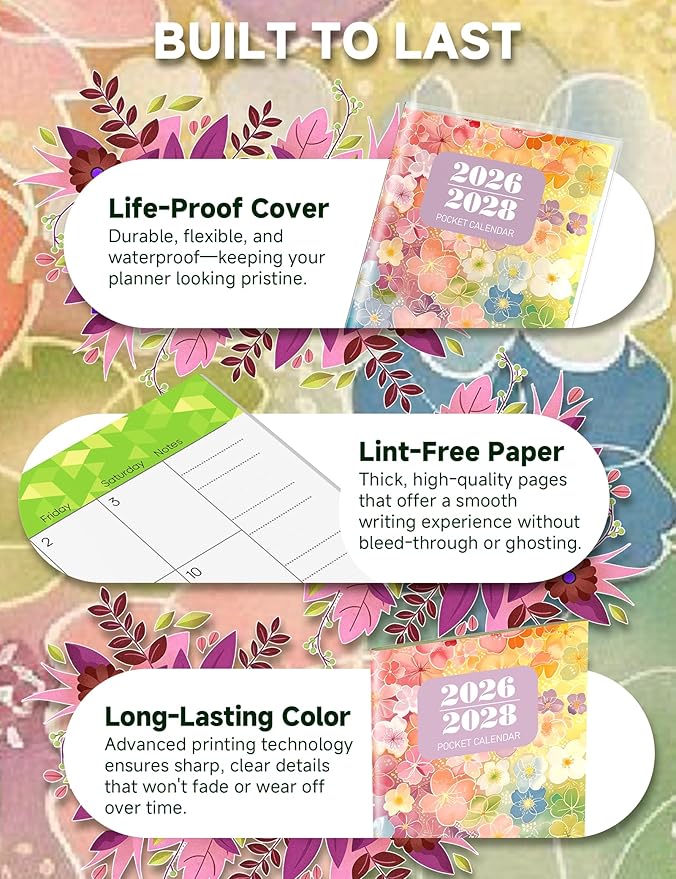 Pocket Calendar 2026-2028 Floral Series, Monthly Planner Jan 2026 to Jul 2028 (3.7" x 6.7") Perfect Purse Calendar, Pocket Agenda with Protective Plastic Sleeve-Color Floral