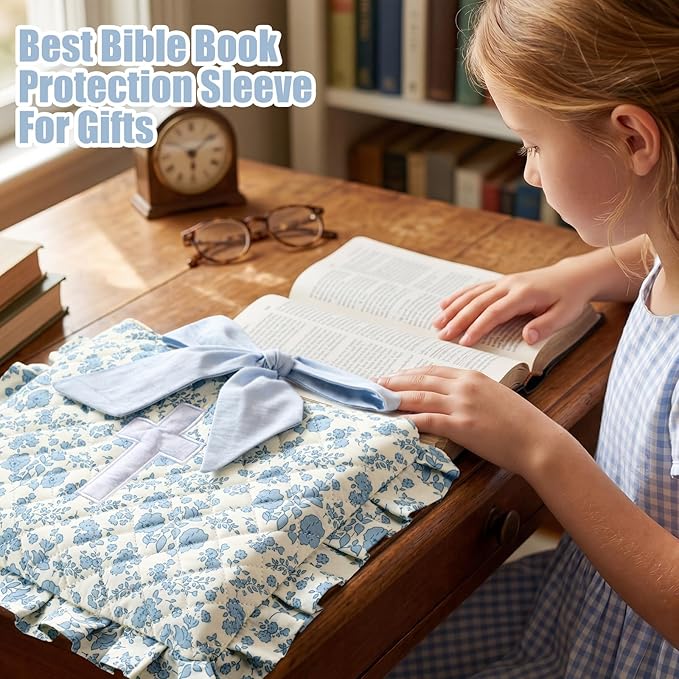 Honoson Quilted Bow Bible Sleeve Cover Case Padded Protector Washable Bible Bag Pouch Christian Gift for Women Girls Book Lover Gifts(Blue Floral Cross)