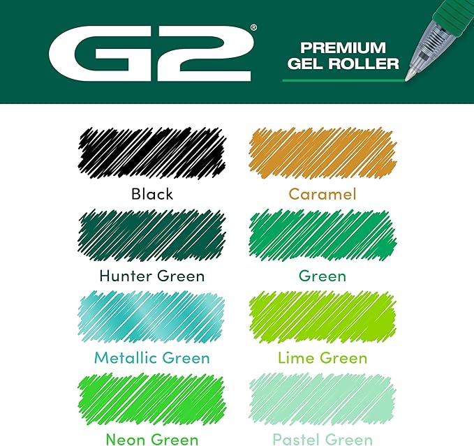 PILOT, G2 Premium Gel Roller Pens, G2 Boost Greens Pack, The Colors of Balance, 8 Pack Pouch, Fine Point 0.7 mm, Assorted