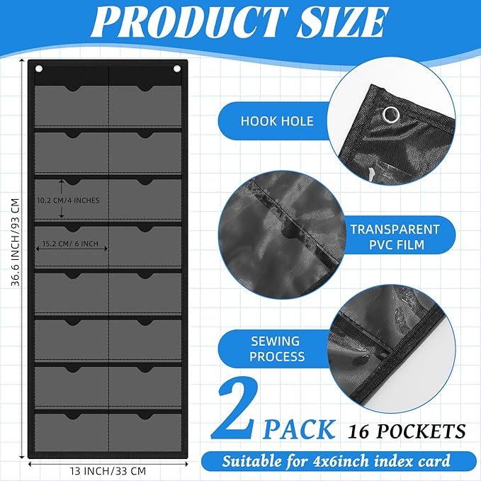 AmazingSpark 2 Pack 4'' x 6'' Index Card Holder Sleeve 16 Slot Black Plastic Organizer Hanging Wall Mount Business Note Cardholder PVC Clear Organizer Pocket for Classroom Office Library Home