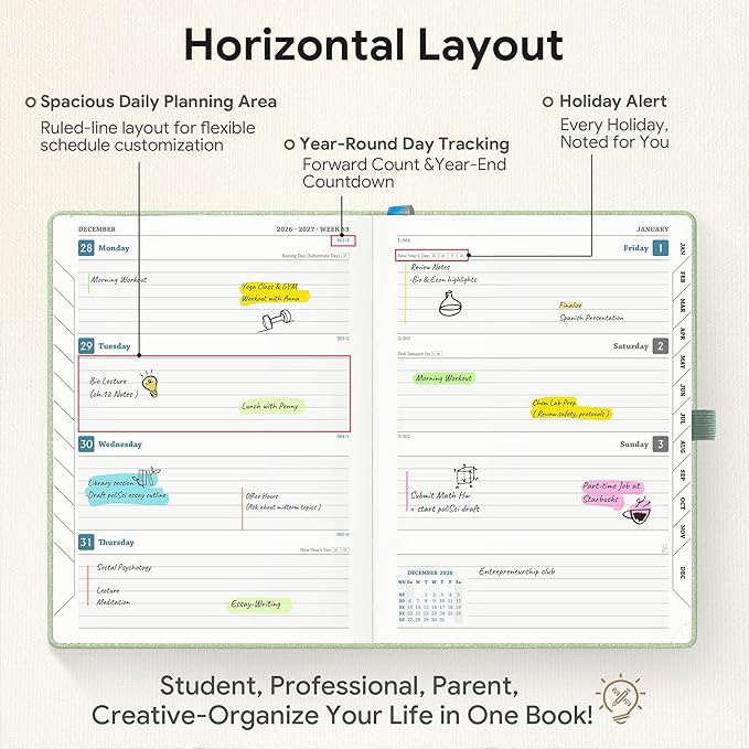Planner 2026-2027 Weekly & Monthly Planner, 18 Month Academic Calendar July 2026 – Dec 2027, Horizontal Layout with Monthly Tabs, Textured Fabric Hardcover, Green