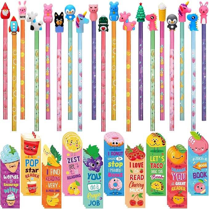 Teling 80 Pcs Scented Bookmarks and Pencils with Cute Toppers Set Fun Pencils Fruit Food Theme Scratch and Sniff Bookmarks Cartoon Pen Toppers Study Supplies(Cute Style)