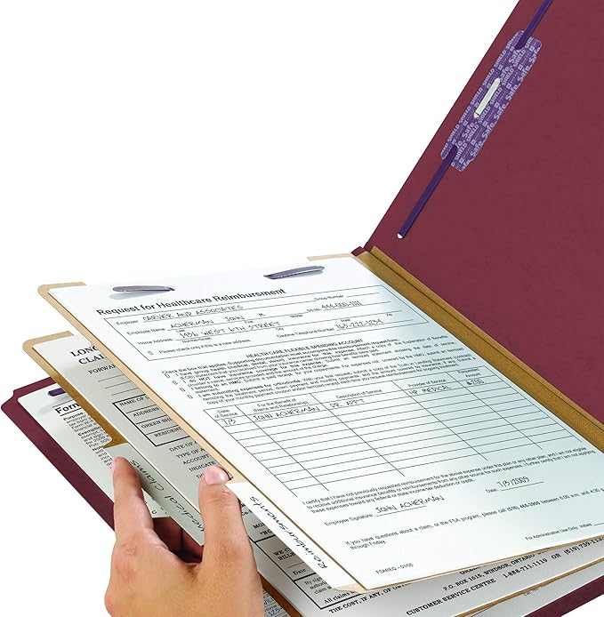 Smead Pressboard Classification Folder with SafeSHIELD Fasteners, 1/3-Cut Flat Metal Tab, 2 Dividers, 2" Exp., Legal Size, Red, 10 per Box (19230)