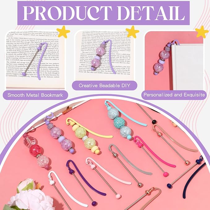 Dunzoom 50 Pcs Beadable Bookmarks DIY Metal Blank Bar Bookmark for Beads Modern Bead Craft Jewelry Pendant Charm Gift for Book Lovers Student Teacher Office Supplies (Multicolor)