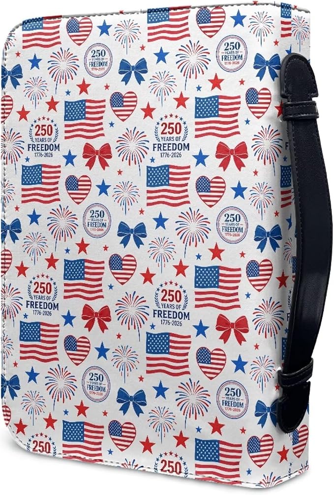 Bible Cover for Women, 250 Year American Flag Carrying Religious Scripture Organizer Bag Zipper and Pockets PU Leather Bible Holder Patriotism Gifts for Women
