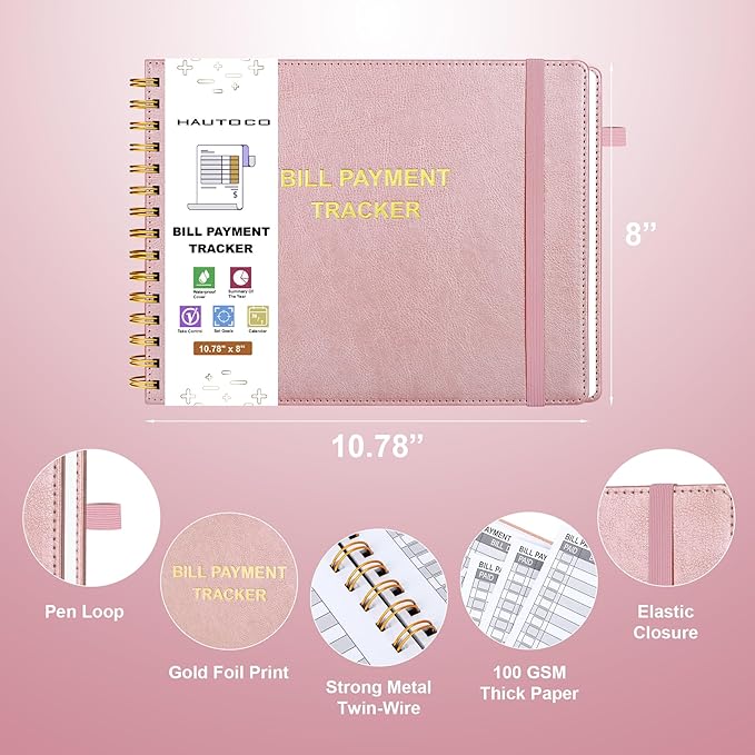 HAUTOCO Hardcover Bill Tracker Notebook Horizontal Monthly Bill Payment Organizer for Personal Budgeting Home Finance with 2 Storage Pocket Expense Checklist Tracking Planner 10.78 x 8'', Rose Gold