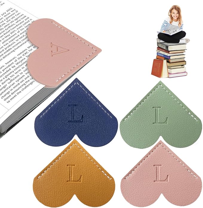 4Pcs Personalized Leather Heart Bookmark With Initial, 26 Letters Custom Corner Page Book Mark For Reading Women, Book Lovers, Teachers, Students, Cute Book Accessories(Blue+Green+Light Brown+Pink, L)
