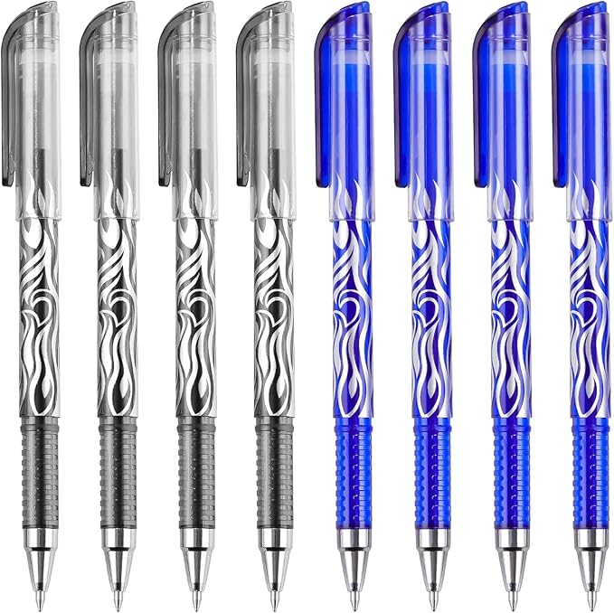 RIANCY 8 Pack 4 Black 4 Blue Ink Erasable Gel Pens, 0.5mm Fine Point, Flame Patterned Barrel, Comfortable Grip, with Eraser, Ideal for Journaling, School Work, Office Tasks, Note Taking, DIY Projects