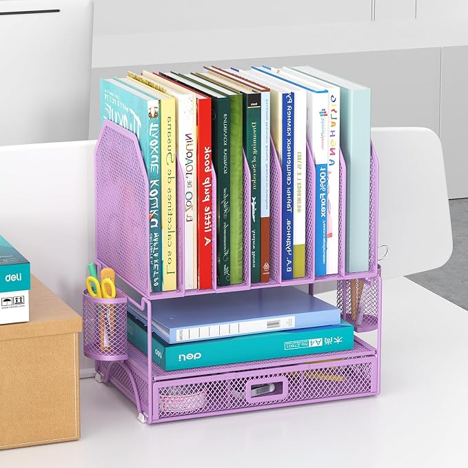 FANXIYQ Metal Desk Organizer with Sliding Drawer, 7-Section File Organizer for Desk, Desktop File Folder & Paper Organizer with 2 Hanging Pen Holders, Office Supplies Organizer, Purple