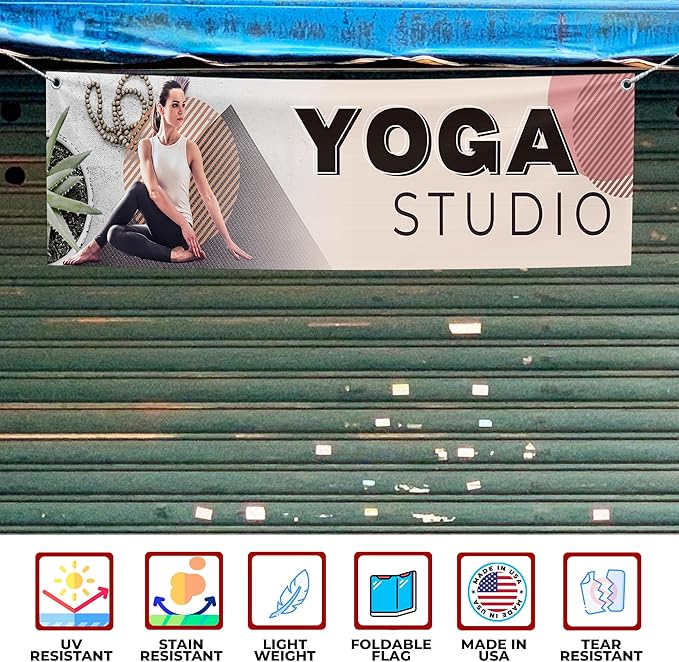 Yoga Studio Large Banners and Signs for Outdoor by Mavis Printing-Polyester Banner with 4 Holes for Easy Hang Indoor & Outdoor|4x1 Feet HD Banner to Promote Church| Made in USA