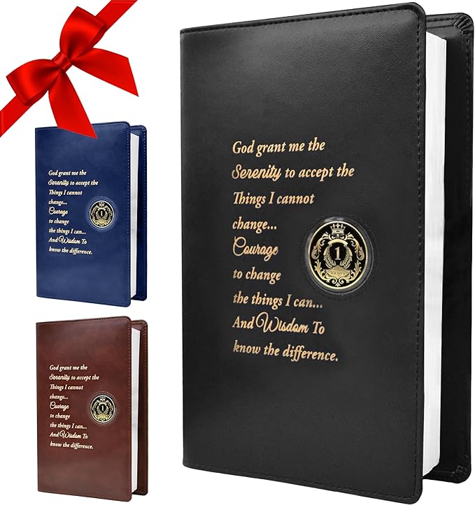GALILEO® Single AA Big Book Cover with Coin Holder | PU Leather | AA Book Covers for Hardcover | AA Gift | Alcoholics Anonymous | Luxury Design (Single/Serenity Prayer/Black)