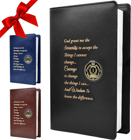GALILEO® Single AA Big Book Cover with Coin Holder | PU Leather | AA Book Covers for Hardcover | AA Gift | Alcoholics Anonymous | Luxury Design (Single/Serenity Prayer/Black)