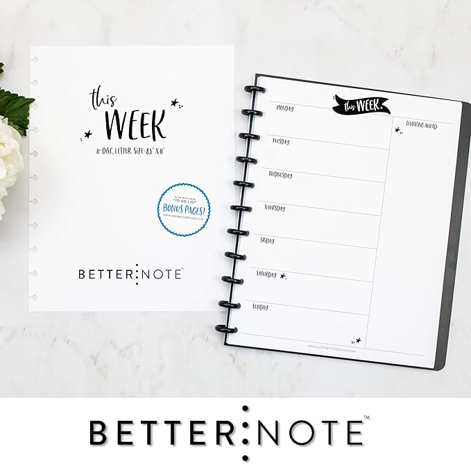 BetterNote This Week Refill Pages for Disc Notebooks, Fits Big Happy Planner, Levenger Circa, Staples Arc, Talia (Whimsy- 6 months, 11-Disc, 8.5"x11")