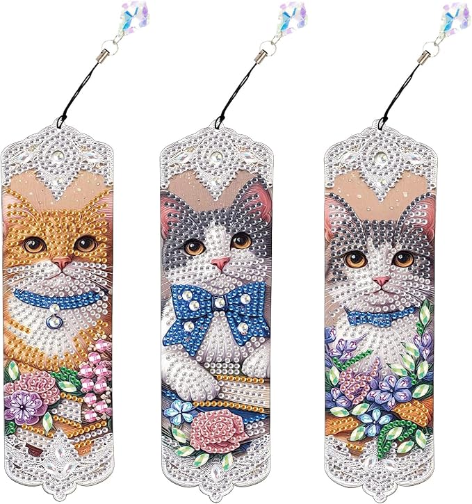 Tontut 3pcs Diamond Art Painting Kit Bookmarks, Cat on Books Fine General Purpose DIY Bookmarks, Lightweight and Durable, Suitable for Reading Lovers