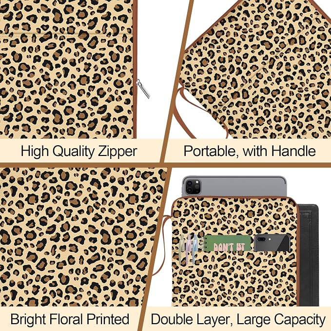 Leopard Book Sleeves with Zipper, Travel Book Protector Pouch for Paperbacks & Hardcover & Bible Books, Book Covers Bags with Pockets & Handle Strap, Book Carry Case for Book Lovers Mother's Day Gifts