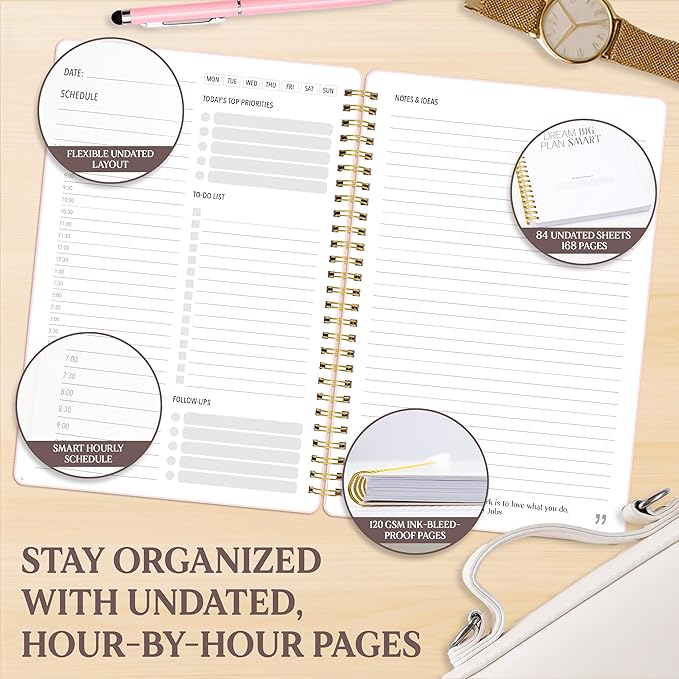 Decorably 168 Pages Undated Daily Notebook for Work with Hourly Schedule - 6.3x9.3in Gold Spring-Bound, with Top Priorities, to-dos, Notes, Ideas & Inspirational Quotes - Home, School, Office