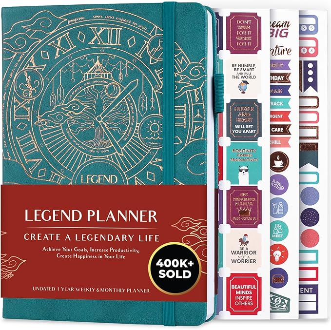 Legend Planner – Undated Weekly & Monthly Life Planner to Hit Your Goals & Live Happier, Organizer Notebook & Productivity Journal, A5 (Dark Teal, Gold)
