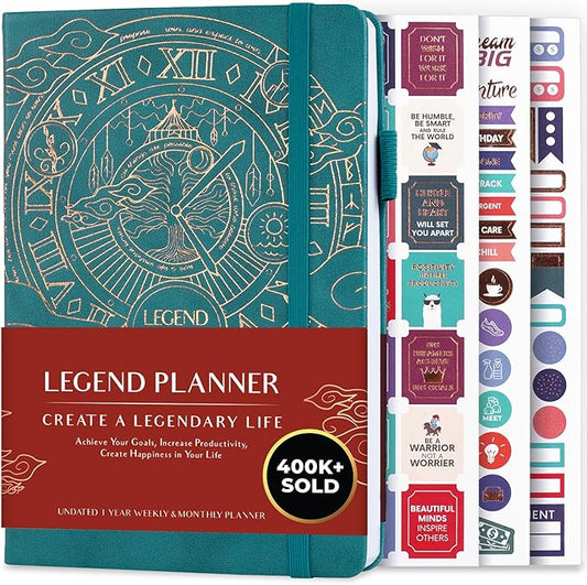 Legend Undated Weekly Planner – Goal Planner Journal & Organizer Notebook – Agenda Book with Monthly Calendar & To-Do List, A5 (Dark Teal, Gold)