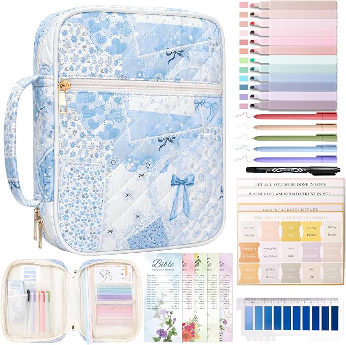 XKDOUS Bible Cover for Women Church Book Holder Quilted Carrying Case with Handle, Tabs, Study Supplies Portable Bible Bag Journaling Kit Christian Gifts for Mom Lady