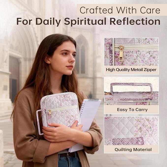 Bible Cover Case for Women Large Bible Cover Bag Quilted Bible Carrying Case for Girls Bible Study Supplies Accessories Christian Gifts for Women (Purple Floral, Large)