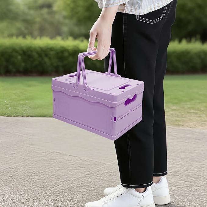Tixill Small Collapsible Storage Crates, Foldable Plastic Baskets with Lids and Handles for Organizing, Mini Stackable Bins for Home Kitchen Bedroom Bathroom Office (12 * 8 * 7InPurple)