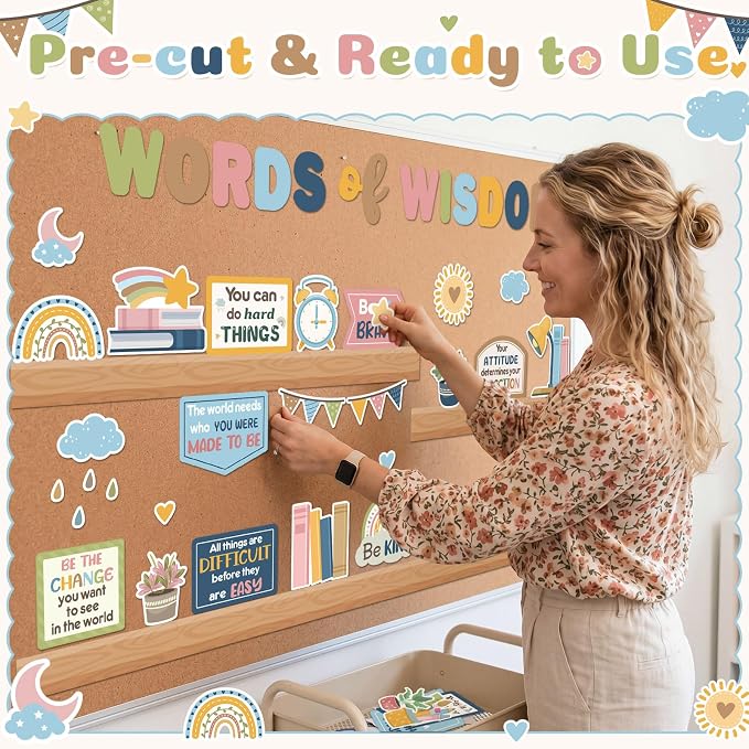 Qilery Bookshelf Bulletin Board Set, Pastel Boho Words of Wisdom Motivational Classroom Decor, Inspirational Cutouts for Back to School Reading Corner Teacher Supplies, Positive Affirmation Wall Decor