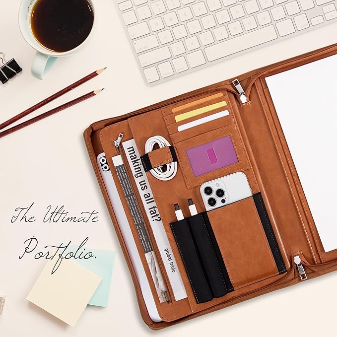 Calfinder Leather Padfolio with Zipper,Portfolio Binder, Padfolio for Women and Men,Business Portfolio for Ipad,Resume,Notebook, Professional Portfolio Organizer, Graduation Gifts