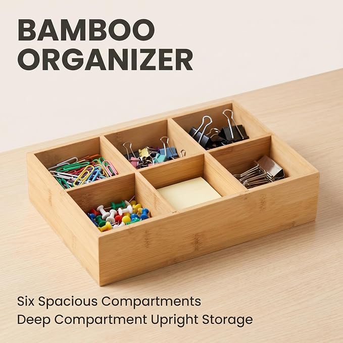 2 Pack Bamboo Small Desk Drawer Organizer with Adjustable Dividers, Wood Snacks and Tea Bag Organizer for Office, Bathroom, Makeup, Jewelry