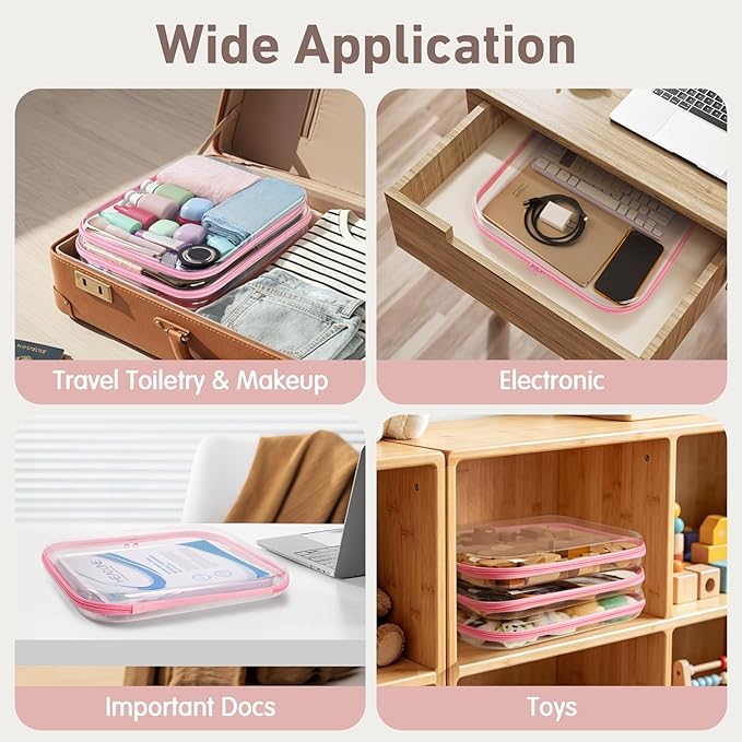 3 Pack Extra Large Clear Hard Shell Zipper Case with Labels, Crush Proof Plastic Storage Bins for Home Organization, Hard Case for Board Games Puzzles Toys Stationery Makeup A4 Documents, Pink