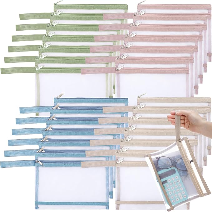 MotiMind 24 Pack Double Layer Mesh Zipper Pouch Bags 9.5 x 7.1 Inch/ A5 Large Capacity Zipper Mesh Bags for Organizing Storage Colored Storage Pouch with Handle for School Office and Home