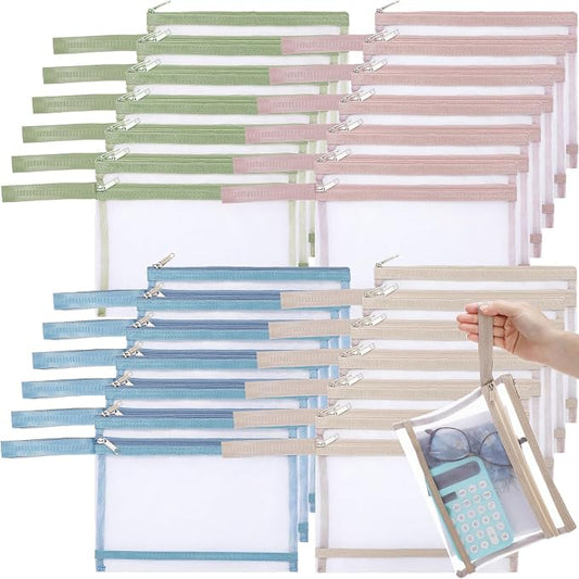 MotiMind 24 Pack Double Layer Mesh Zipper Pouch Bags 9.5 x 7.1 Inch/ A5 Large Capacity Zipper Mesh Bags for Organizing Storage Colored Storage Pouch with Handle for School Office and Home