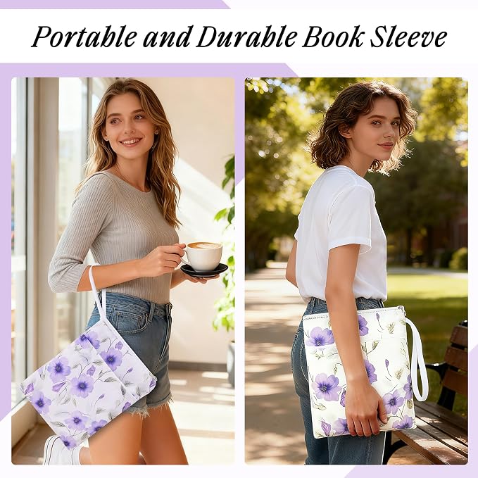 Book Sleeve with Zipper, 11''x 9'' Waterproof Paperback Sleeve for Book Lovers Books Pouch Cover with Handle for Hardcovers Kindle Sleeve for Reader Teacher Women (Purple flower, 11x 9 inch)