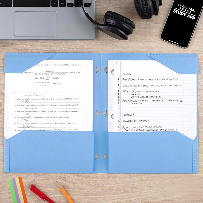 Five Star 2-Pocket Folder, Plastic Folder with Stay-Put Tabs, Fits 3-Ring Binder, Holds 8-1/2" x 11" Paper, Pacific Blue (333420C-ECM)