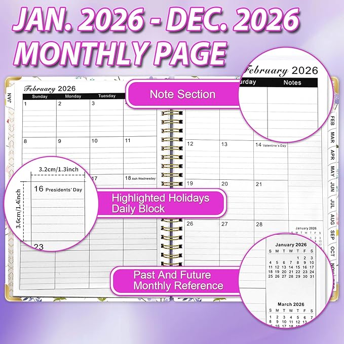 Weekly Monthly Planner 2026, Weekly Planner from Jan. 2026 - Dec. 2026, 6.3" X 8.5" Daily Planners with Tabs, Bookmark, Calendar Notebook for Women Girls, Planners Spiral Bound at School/Office