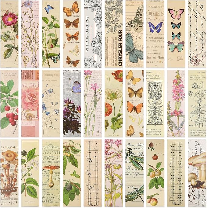 30 Pcs Vintage Bookmarks Aesthetic Cute Pretty Paper Bookmarks for Book Lovers Butterfly Flower Plant Bookmark for Women Elegant Pattern Book Markers for Reading Fantasy Natural Style Book Accessories