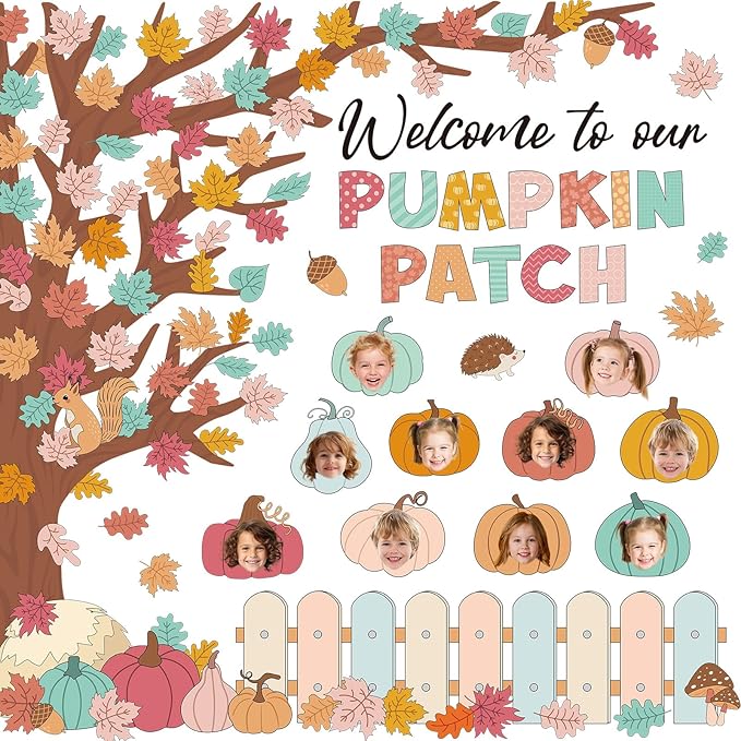 Pasimy Fall Bulletin Board Decorations Set Pumpkin Classroom Door Decor Autumn Maple Cutouts DIY Pumpkin Photo Crafts Thanksgiving Bulletin Board for Halloween Home Office Wall Supplies(Cartoon)