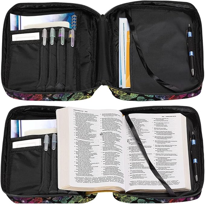 Coldinair Rainbow Glitter Butterflies Print Bible Cover Bag for Women Teens Kids Girls,Butterfly Carrying Book Case Church Bag Bible Protective with Handle and Zippered Pocket