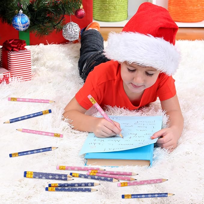 JarThenaAMCS 50Pcs Winter Short Pencil with Eraser 4 in Pink Blue Snowflake Writing Pencil Wood Christmas Half Pencil for Classroom Office Stationery Gift